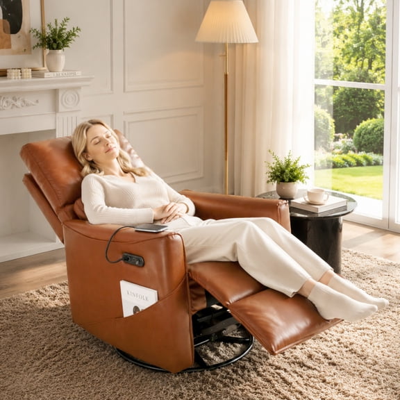BSHTI PU Leather Electric Swivel Glider Recliner Chair with Rocking Function, Modern Comfort Seating for Living Room, Bedroom（Brown）