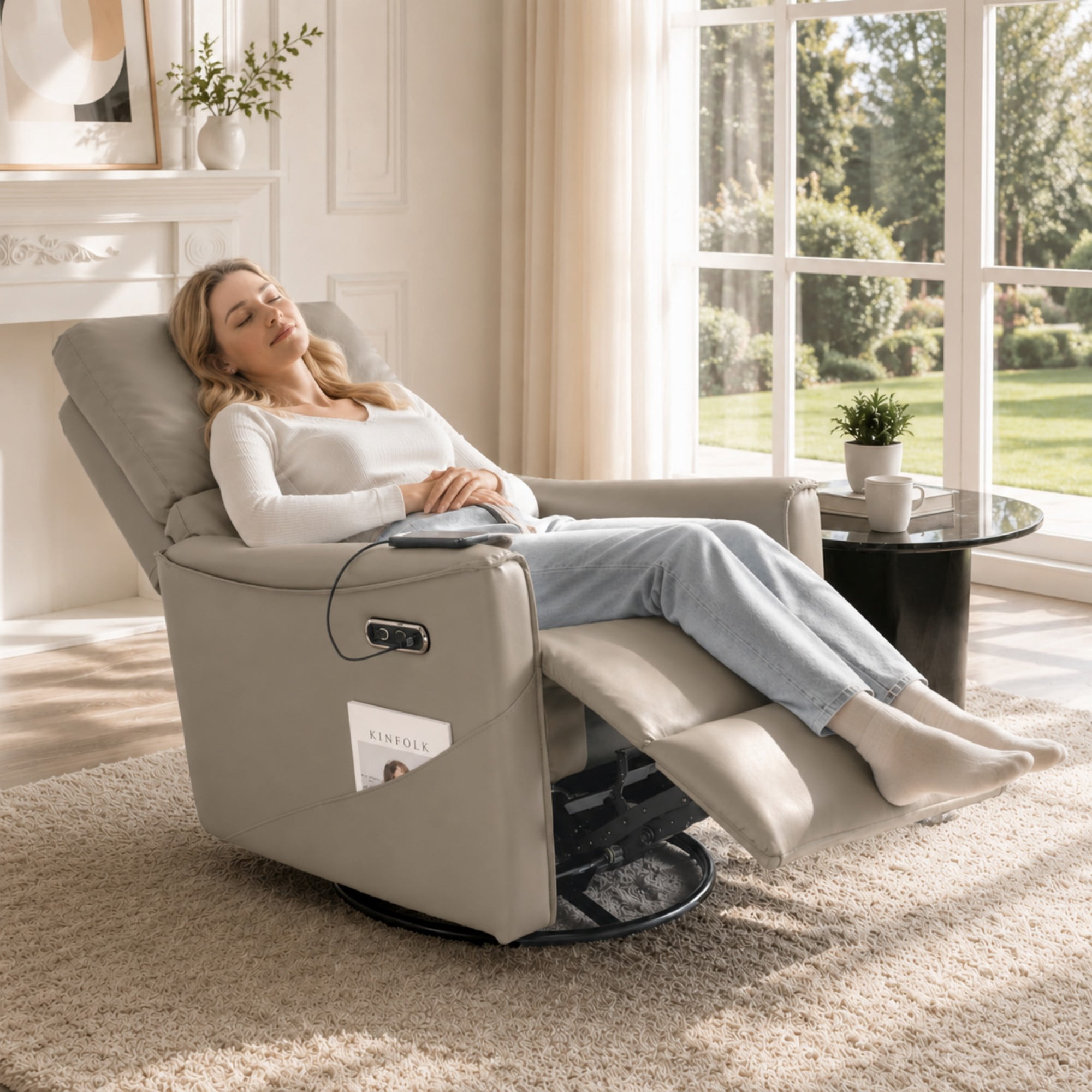 BSHTI PU Leather Electric Swivel Glider Recliner Chair with Rocking Function, Modern Comfort Seating for Living Room, Bedroom（Gray）
