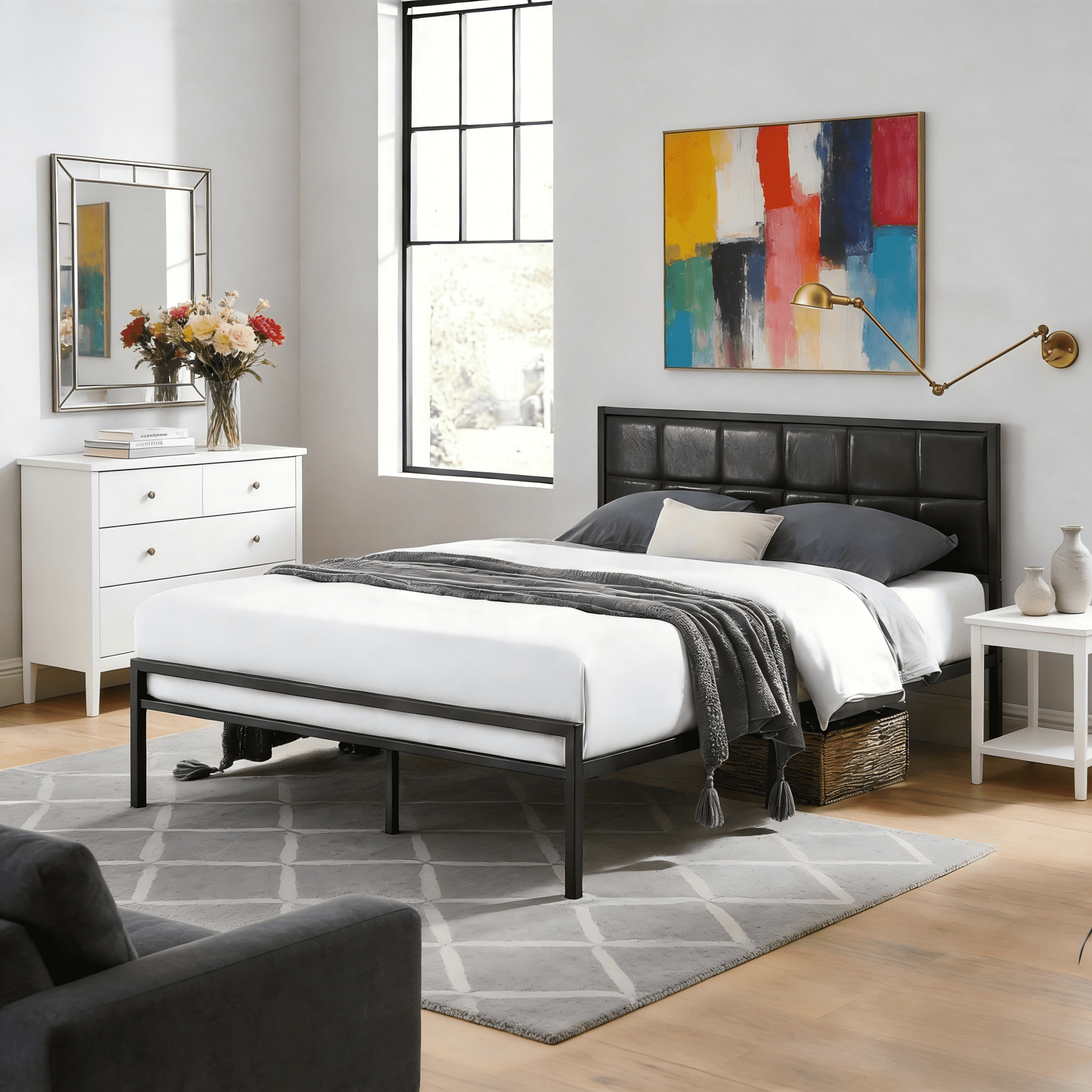BSHTI Modern Full Size Metal Platform Bed Frame with Upholstered Headboard and wood slats support for Livingroom,No Box Spring Needed