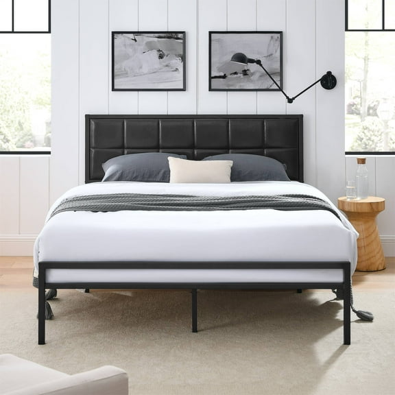 BSHTI Modern Full Size Metal Platform Bed Frame with Upholstered Headboard and wood slats support for Livingroom,No Box Spring Needed