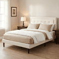 thumbnail image 1 of BSHTI Full Size Platform Bed Frame with Square Tufted Upholstered Headboard – Solid Wood Frame, 10 Wood Slats, Center Support Leg, Under-Bed Clearance, No Box Spring Needed, Beige, 1 of 11