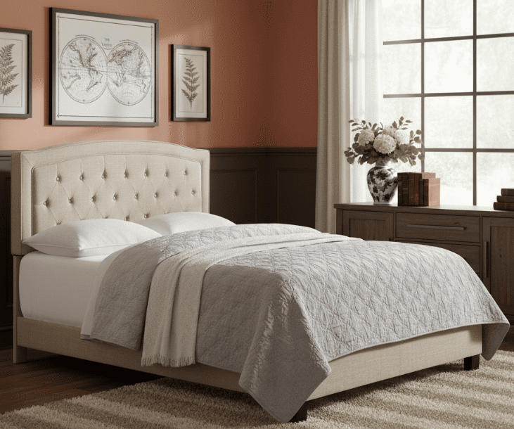 BSHTI Modern Full Size Platform Bed Frame with Upholstered Headboard and wood slats support for Livingroom, Box Spring Required