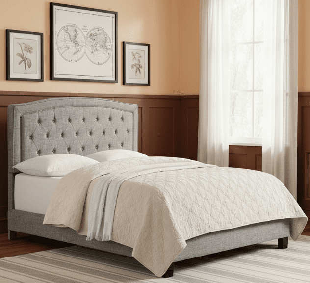 BSHTI Modern Full Size Platform Bed Frame with Upholstered Headboard and wood slats support for Livingroom, Box Spring Required