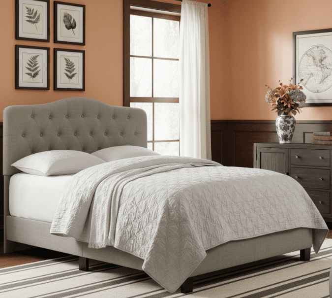BSHTI Modern King Size Platform Bed Frame with Upholstered Headboard and wood slats support for Livingroom, Box Spring Required