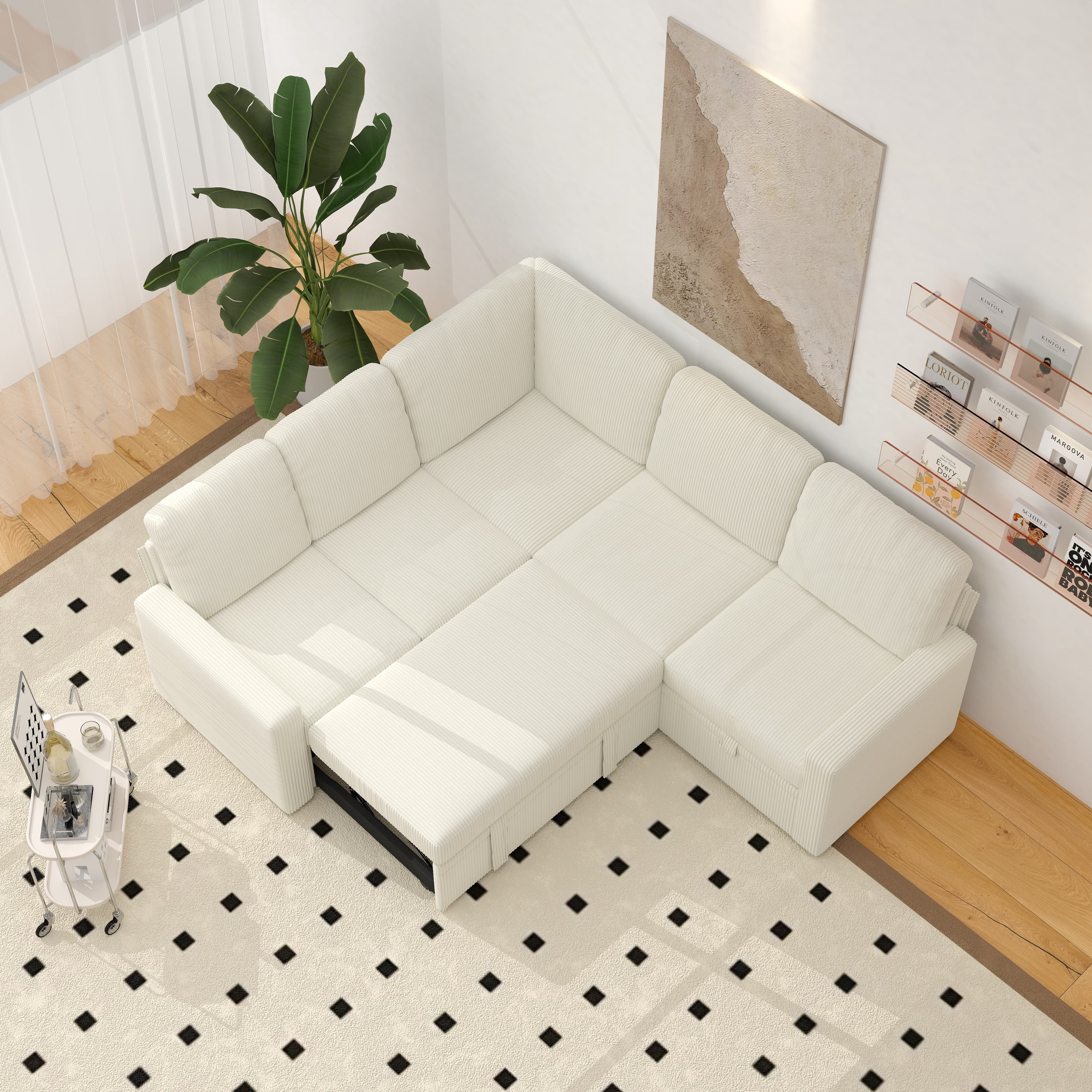 BSHTI Modern L-Shaped Pull-Out Sectional Sleeper Sofa Bed with Storage for Living Room, Beige