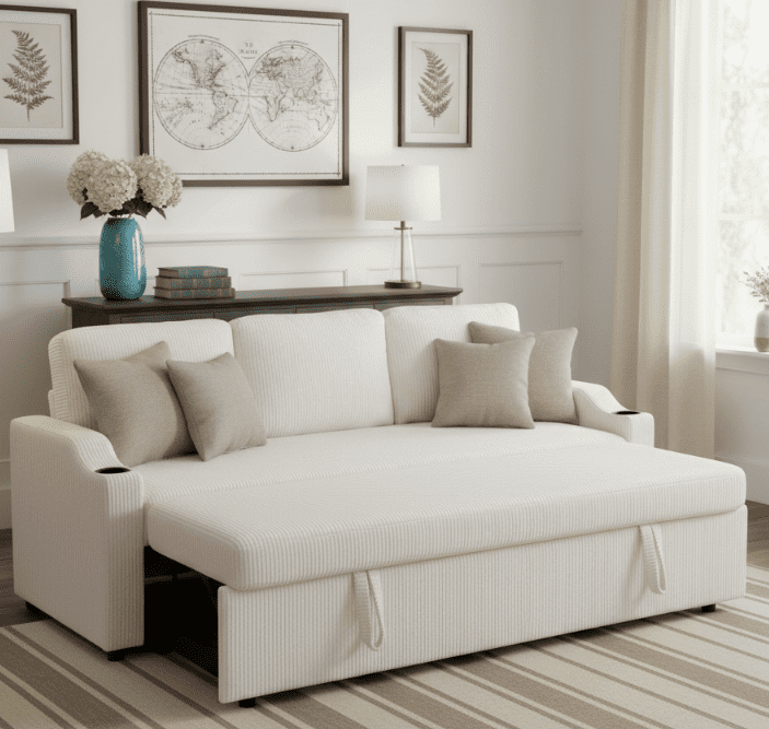 BSHTI Modern L-Shaped Sectional Sofa Bed, Solid Wood Frame, Corduroy Fabric Cover, 2 In 1 Pull-Out Sleeper Bed Sofa, Hidden Storage Space, Beige