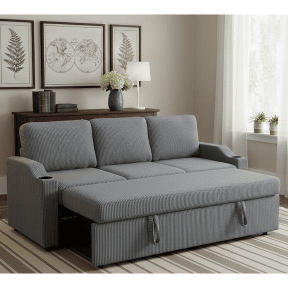 BSHTI Modern L-Shaped Sectional Sofa Bed, Solid Wood Frame, Corduroy Fabric Cover, 2 In 1 Pull-Out Sleeper Bed Sofa, Hidden Storage Space, Gray