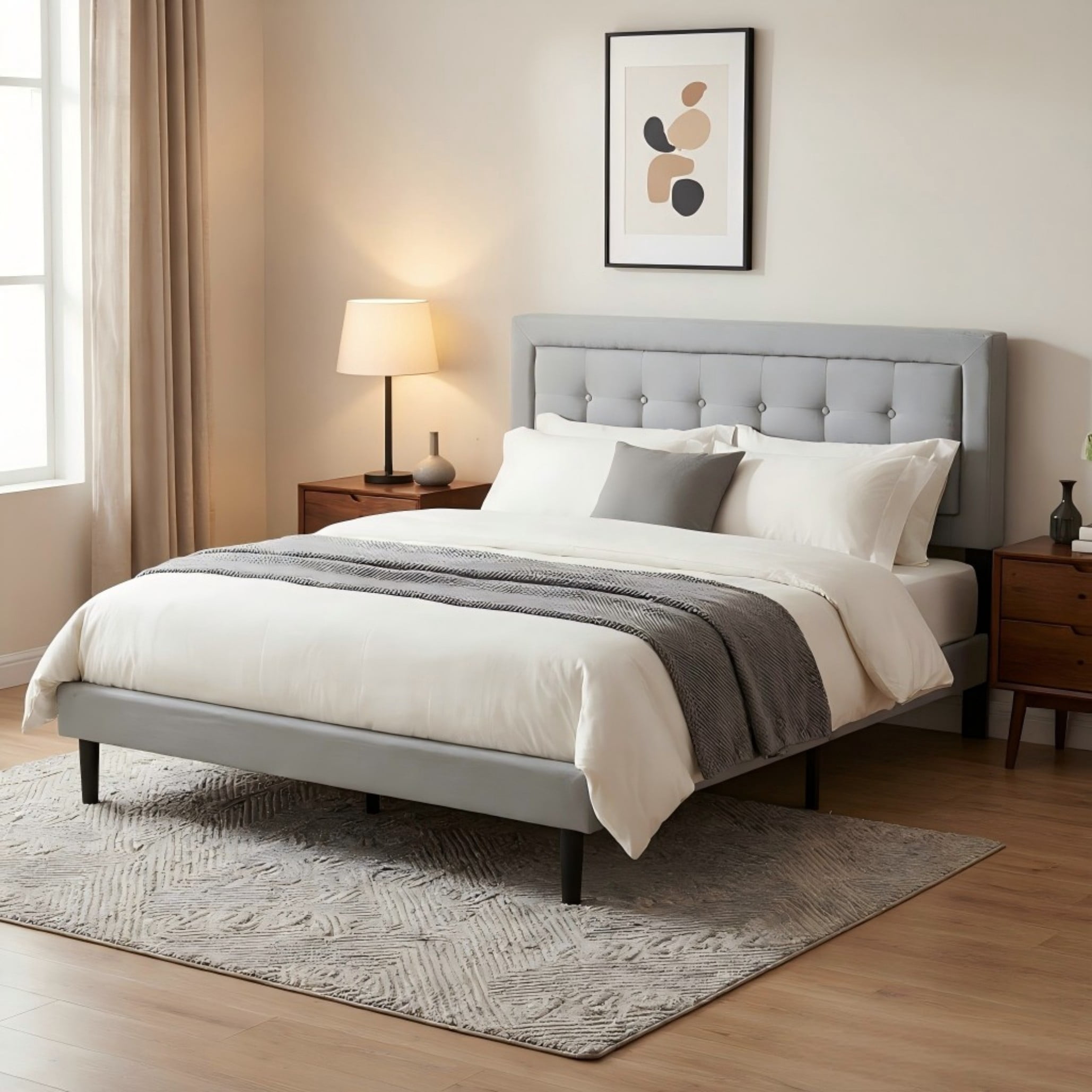 BSHTI Queen Size Platform Bed Frame with Square Tufted Upholstered Headboard – Solid Wood Frame, 12 Wood Slats, Center Support Leg, Under-Bed Clearance, No Box Spring Needed