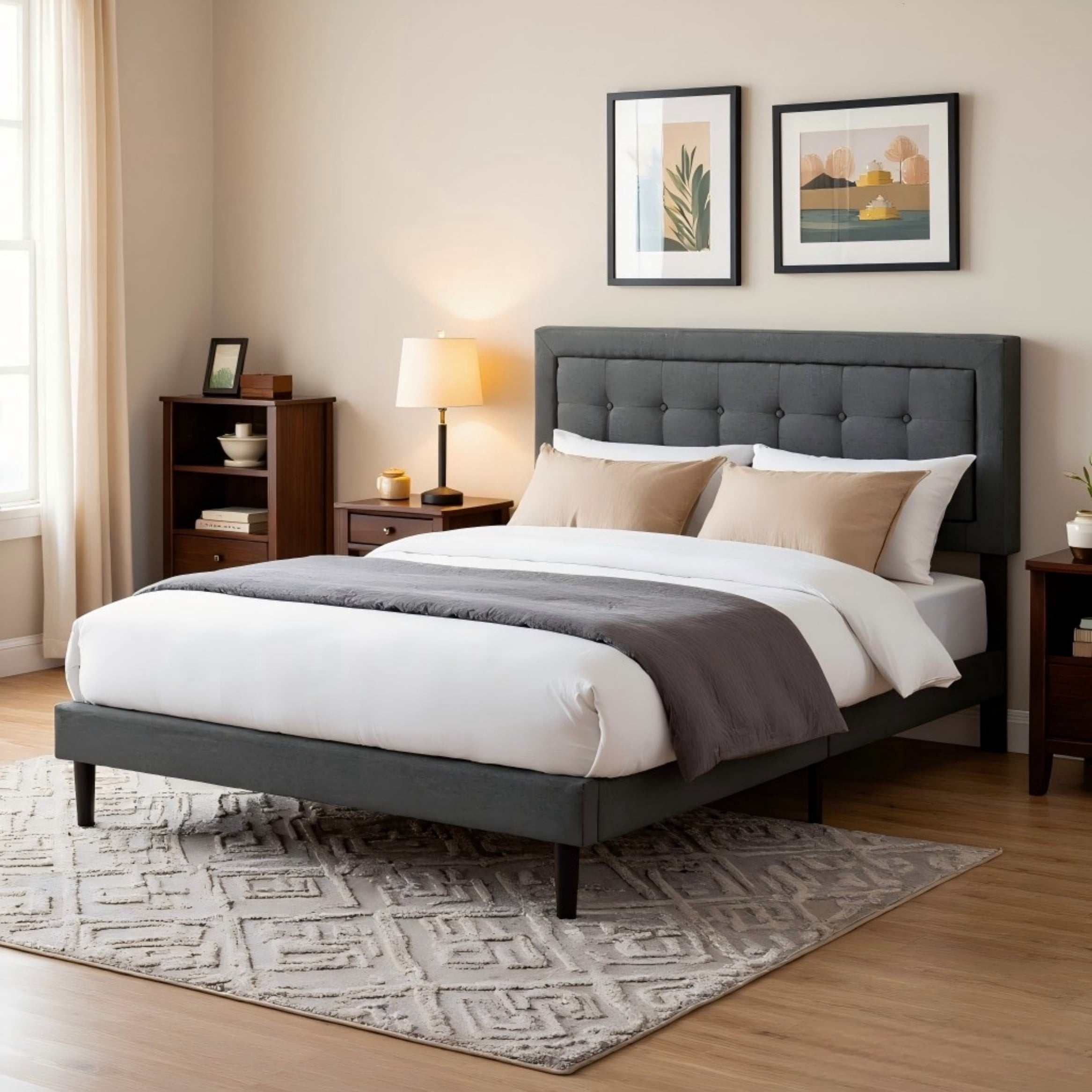 BSHTI Queen Size Platform Bed Frame with Square Tufted Upholstered Headboard – Solid Wood Frame, 12 Wood Slats, Center Support Leg, Under-Bed Clearance, No Box Spring Needed