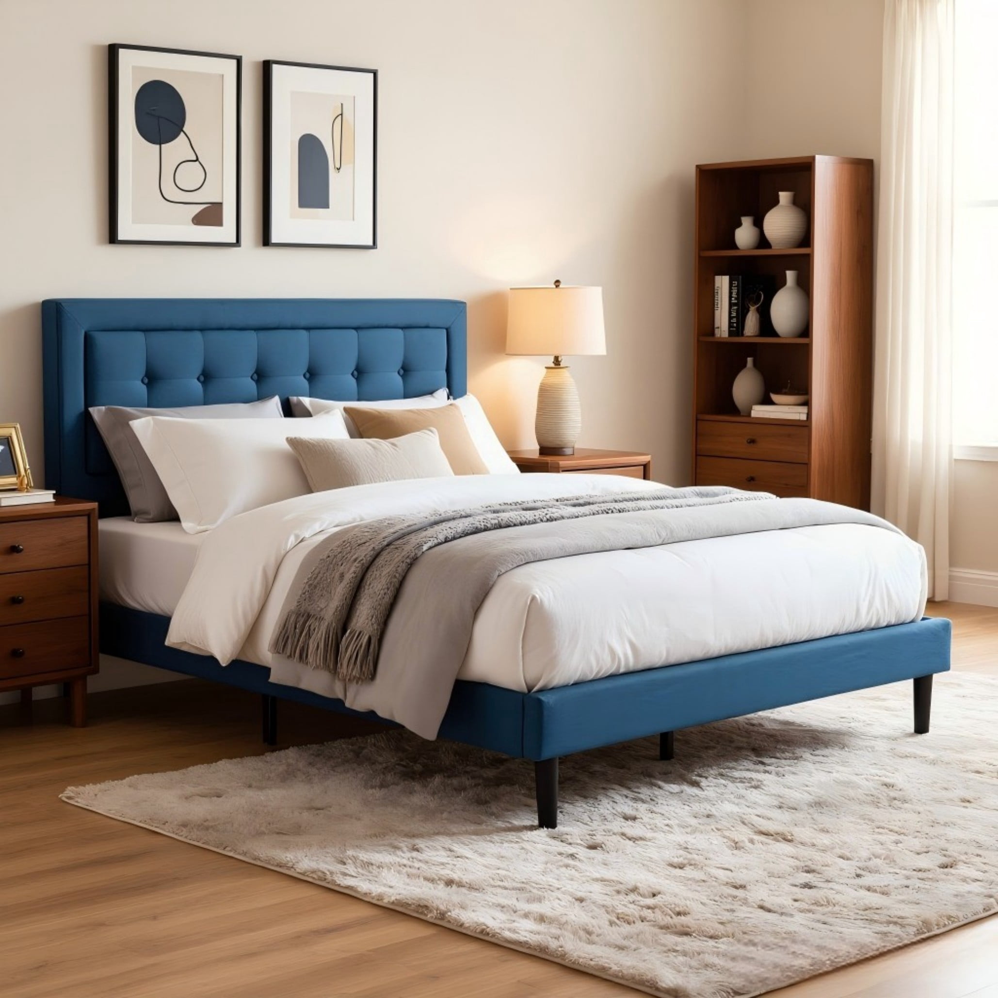 BSHTI Queen Size Platform Bed Frame with Square Tufted Upholstered Headboard – Solid Wood Frame, 12 Wood Slats, Center Support Leg, Under-Bed Clearance, No Box Spring Needed
