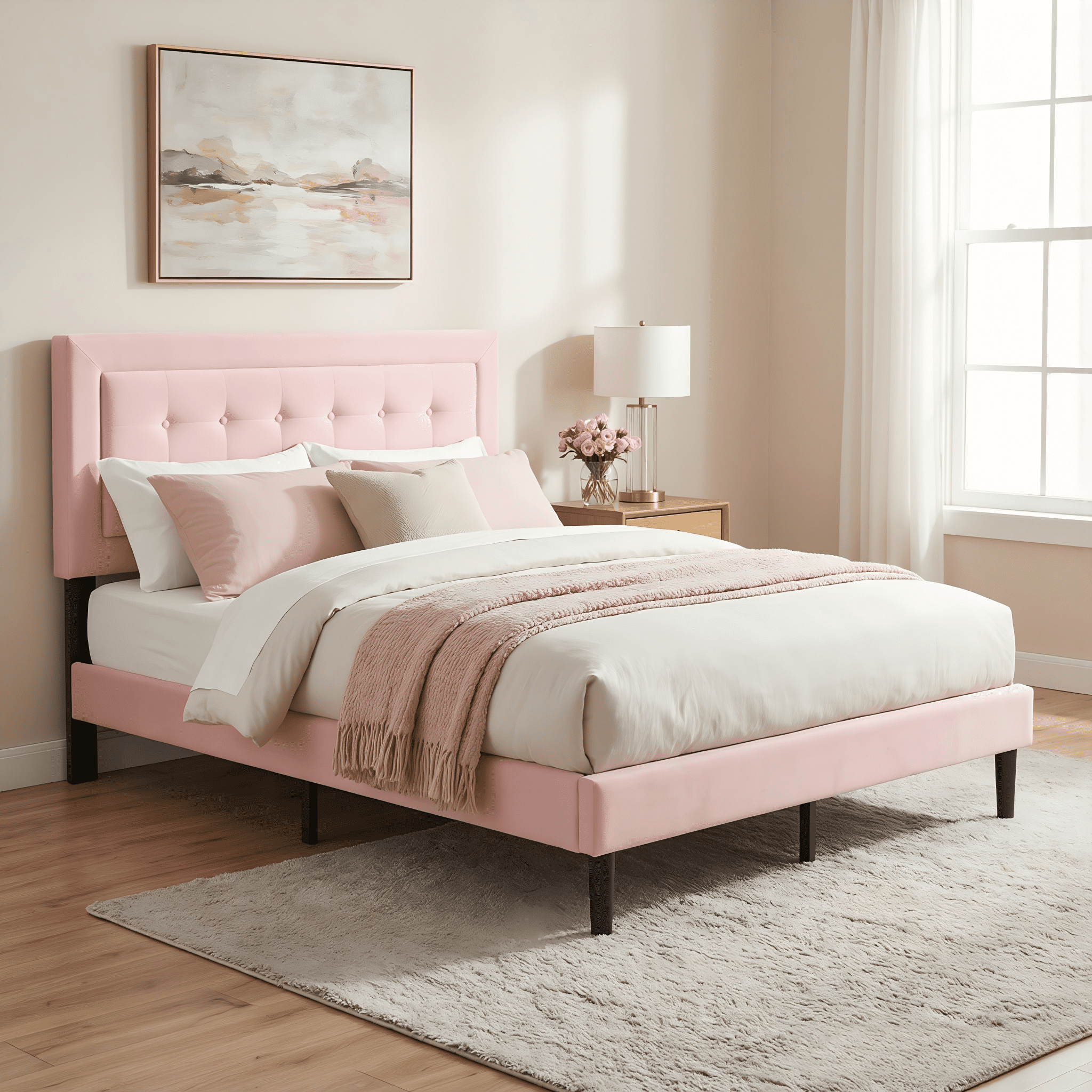 BSHTI Queen Size Platform Bed Frame with Square Tufted Upholstered Headboard – Solid Wood Frame, 10 Wood Slats, Center Support Leg, Under-Bed Clearance, No Box Spring Needed, Pink