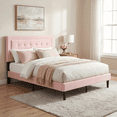 thumbnail image 1 of BSHTI Queen Size Platform Bed Frame with Square Tufted Upholstered Headboard – Solid Wood Frame, 10 Wood Slats, Center Support Leg, Under-Bed Clearance, No Box Spring Needed, Pink, 1 of 12