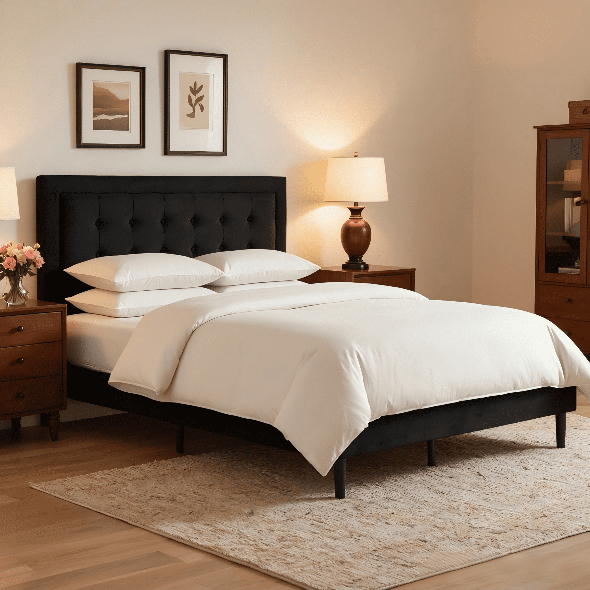 BSHTI Queen Size Platform Bed Frame with Square Tufted Upholstered Headboard – Solid Wood Frame, 10 Wood Slats, Center Support Leg, Under-Bed Clearance, No Box Spring Needed, Black