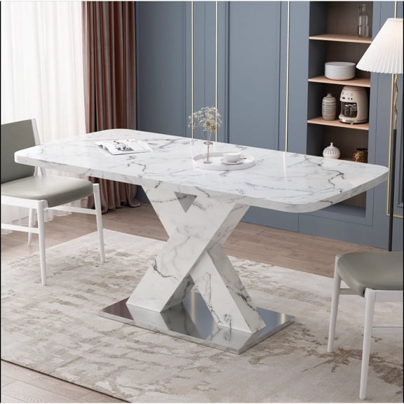 BSHTI Modern Square Dining Table,Stretchable,Printed Black Marble Table