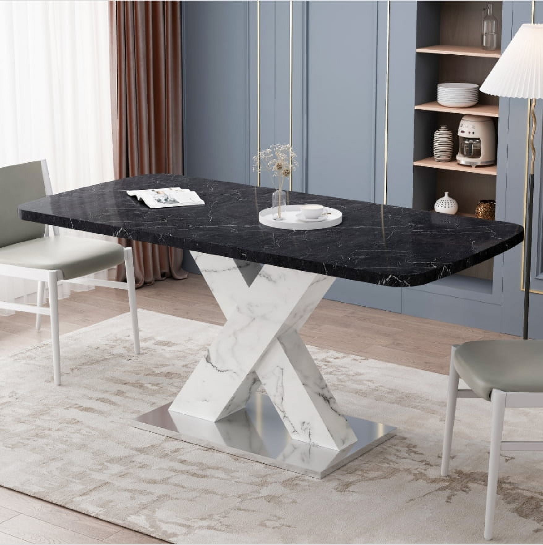 BSHTI Modern Square Dining Table,Stretchable,Printed Black Marble Table