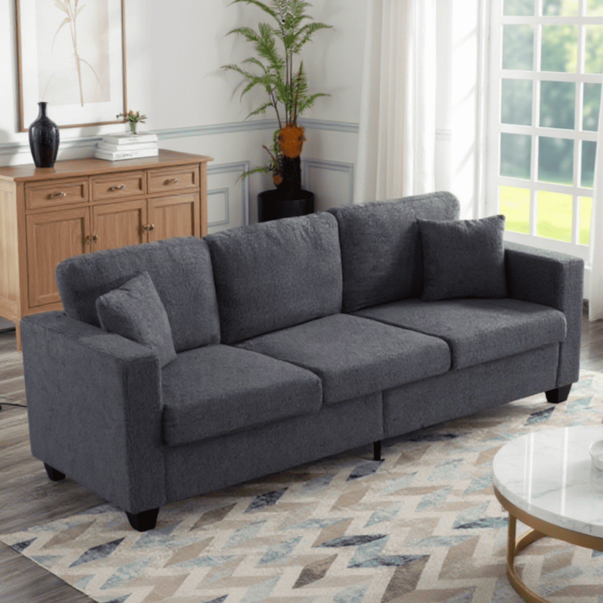BSHTI Modern Style Teddy Fabric Sofa with 2 Pillows,Featuring Extra-Wide Deep Sofa,Suitable for Living Room,Bedroom,Office
