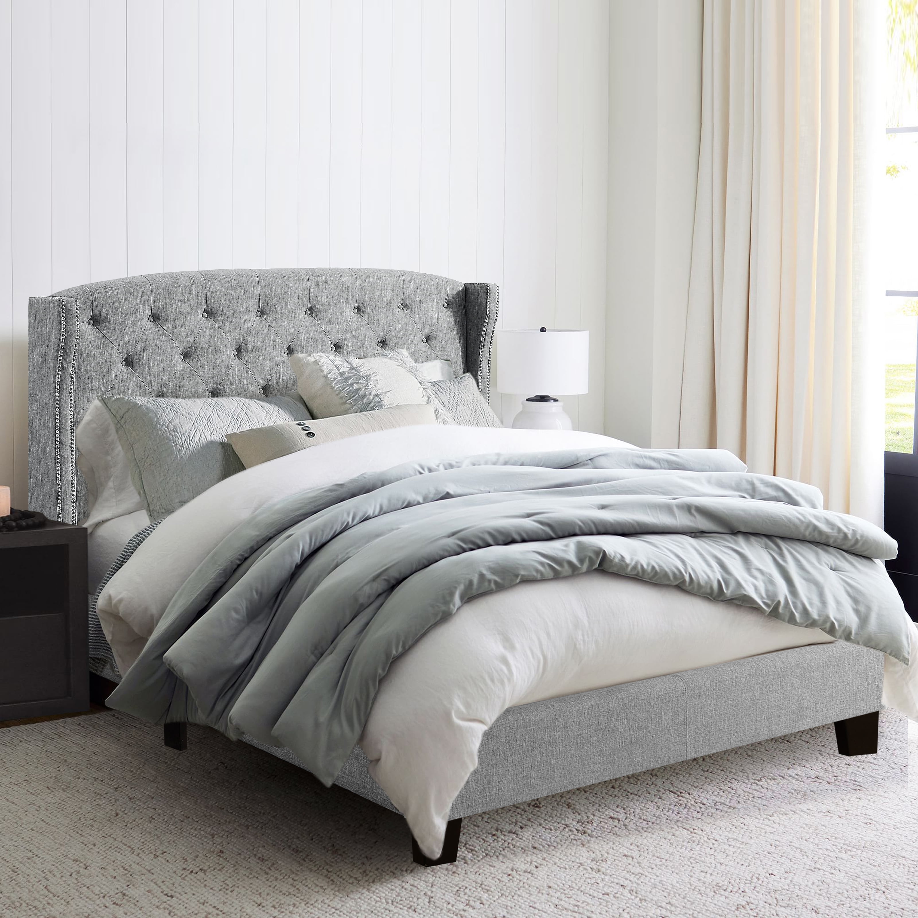 BSHTI Modern Twin Size Metal Platform Bed Frame with Upholstered Headboard and wood slats support for Livingroom