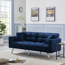 BSHTI Modern Velvet Futon Sofa Bed,Upholstered Tufted Convertible Sofa Sleeper with 2 Pillow(Blue)
