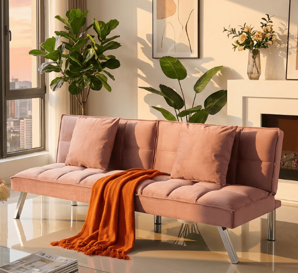 BSHTI Modern Velvet Futon Sofa Bed with 2 Pillows, Convertible Sleeper for Living Room, Office,Guest Room(Pink)