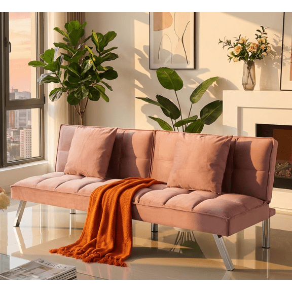 BSHTI Modern Velvet Futon Sofa Bed with 2 Pillows, Convertible Sleeper for Living Room, Office,Guest Room(Pink)