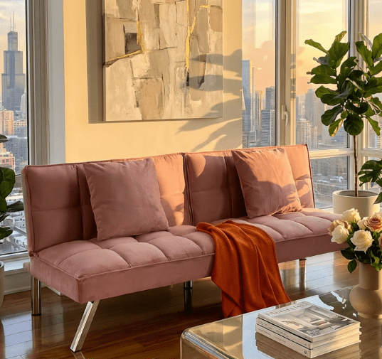 BSHTI Modern Velvet Futon Sofa Bed with 2 Pillows, Convertible Sleeper for Living Room, Office,Guest Room(Rose Red)