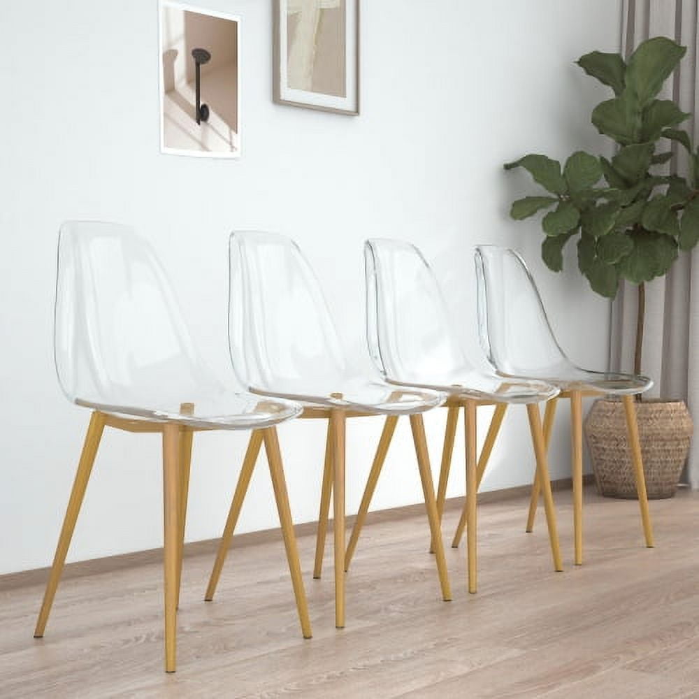 BSHTI Modern simple transparent dining chair plastic chair armless crystal chair Nordic creative makeup stool negotiation chair Set of 4 and wood color metal leg