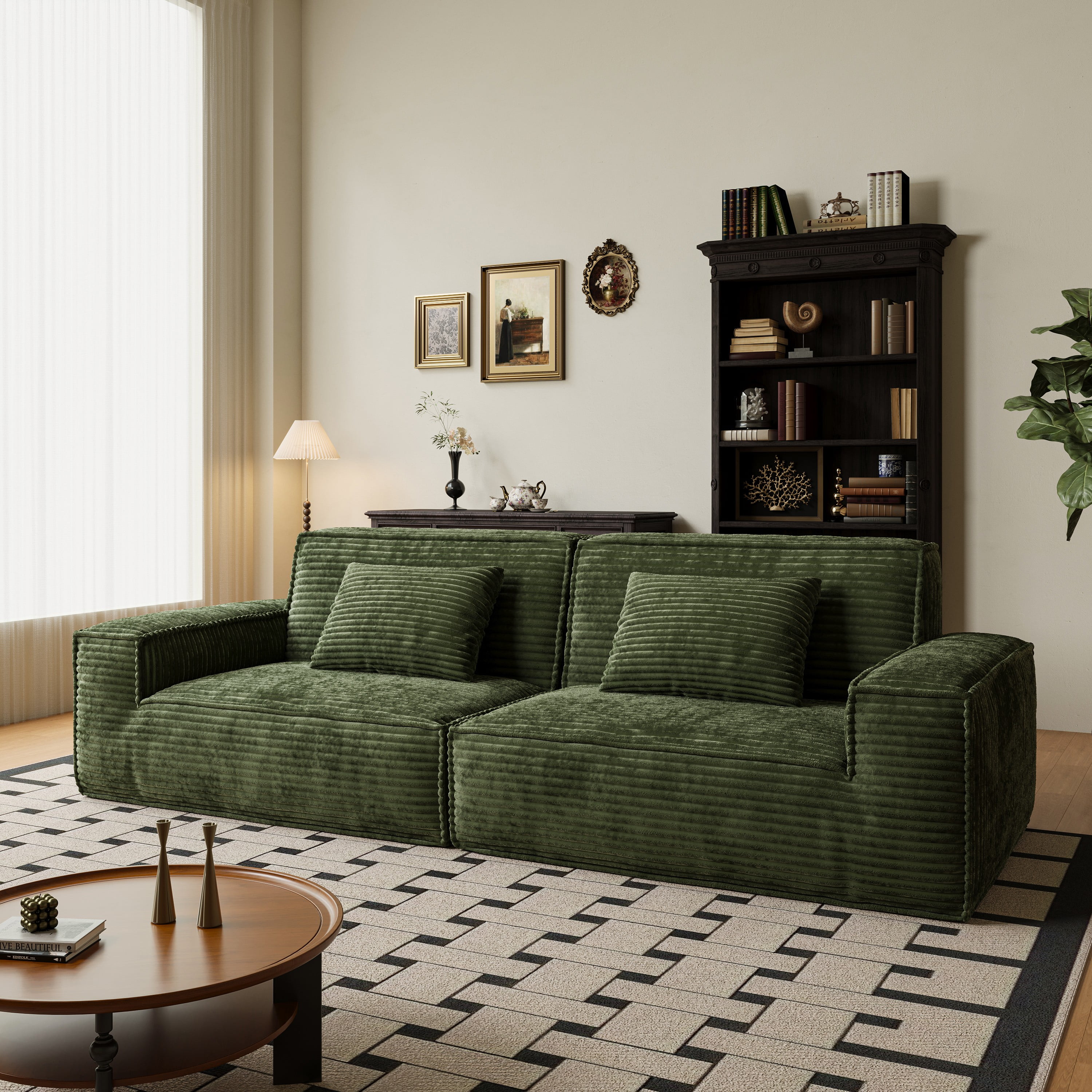 BSHTI No-Assembly Plush Compression Sofa Set, Ultra-Wide with Deeper Seat & Raised Back, Multi-Functional Large Striped Fabric Sofa for Living Room & Apartments, Green