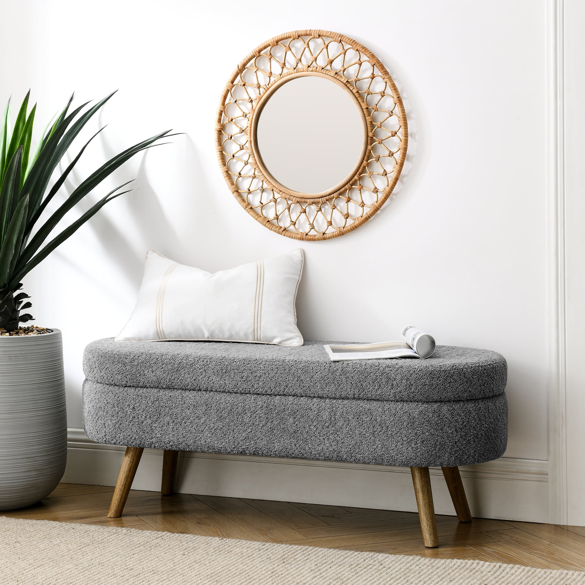 BSHTI Ottoman Oval Storage Bench,Rubber Wood Legs,Storage Bench with Cylindrical Arms and Iron Legs for Hallway Living Room Bedroom