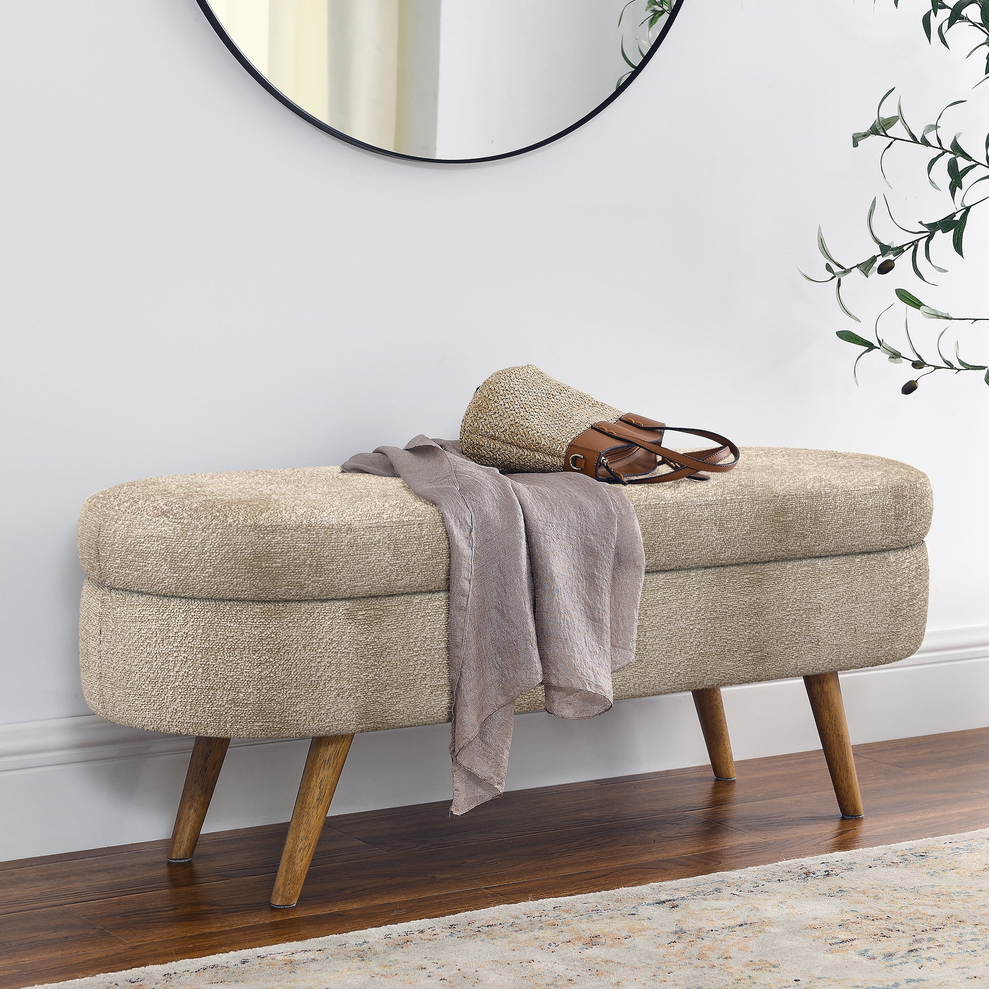 BSHTI Ottoman Oval Storage Bench,Rubber Wood Legs,Storage Bench with Cylindrical Arms and Iron Legs for Hallway Living Room Bedroom