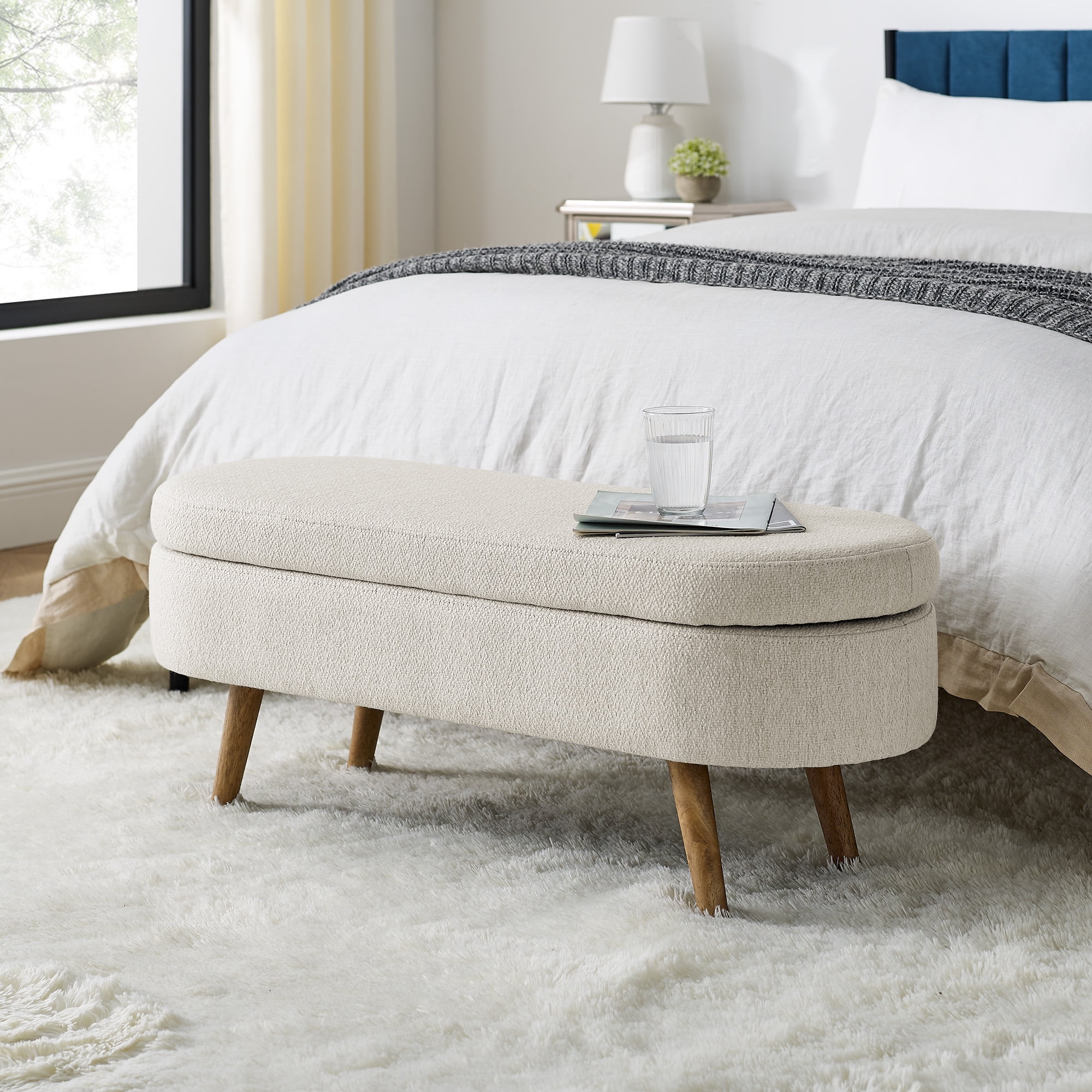 BSHTI Ottoman Oval Storage Bench,Rubber Wood Legs,Storage Bench with Cylindrical Arms and Iron Legs for Hallway Living Room Bedroom