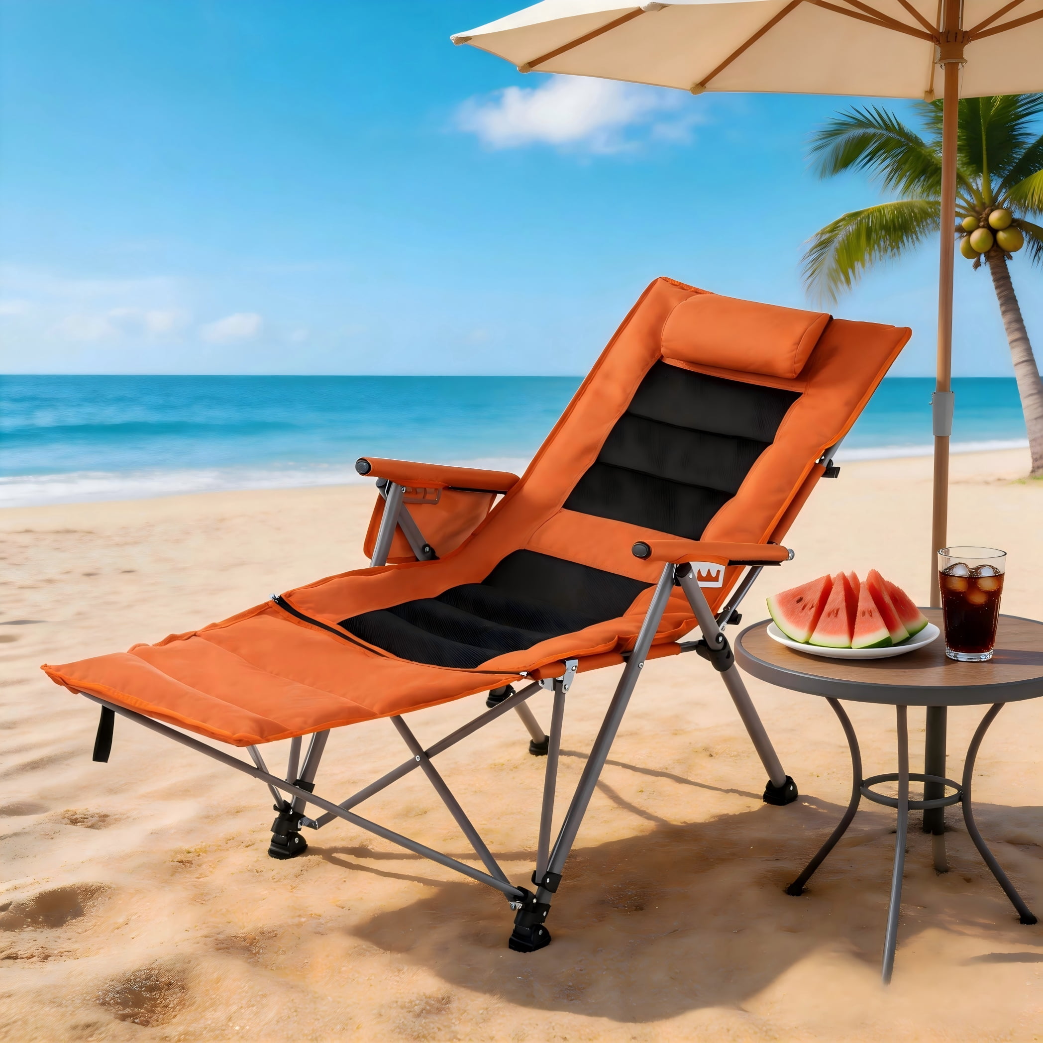 BSHTI Outdoor Folding Beach & Camping Chair with Footrest – 5-Position Adjustable Back, Heavy-Duty Steel Frame, Side Pocket, Carrying Bag Included – No Assembly Required