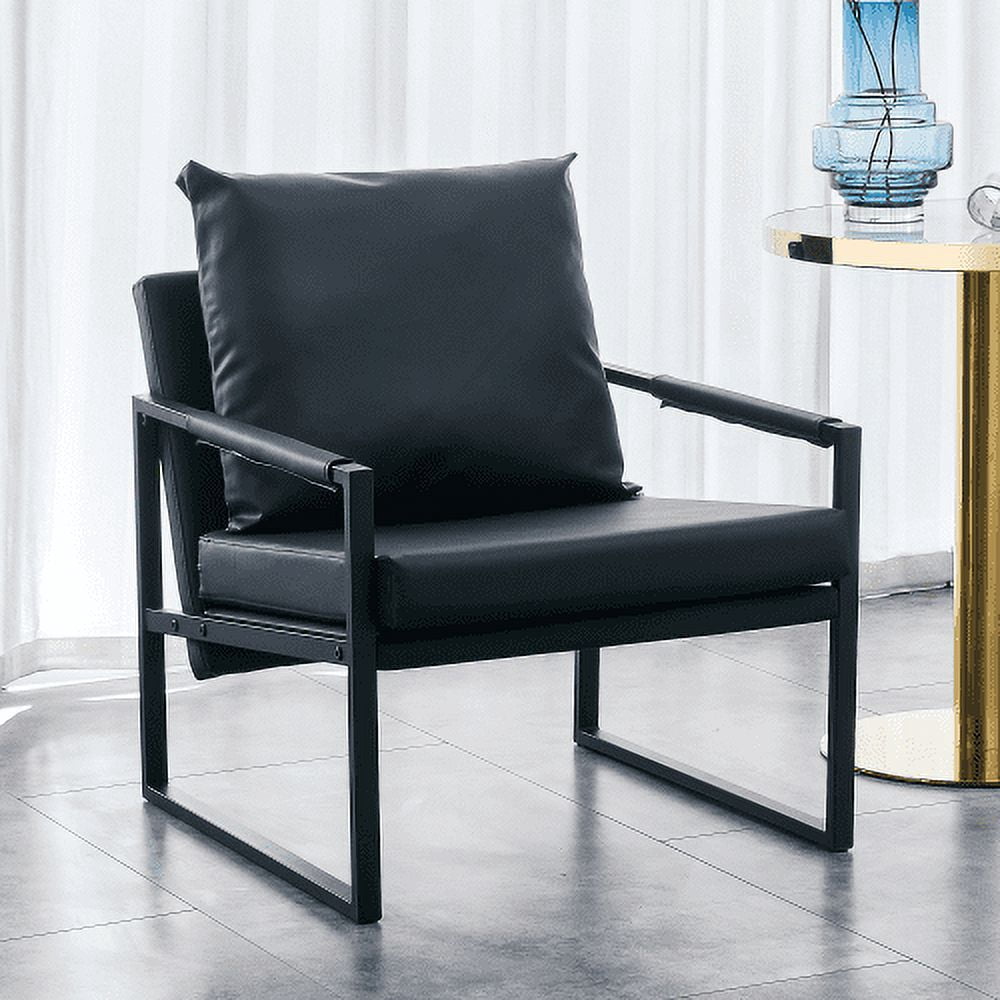 BSHTI PU Leather Accent Arm Chair Mid Century Upholstered Armchair with Metal Frame Extra-Thick Padded Backrest and Seat Cushion Sofa Chairs for Living Room(Black PU Leather+Metal Frame+Foam)