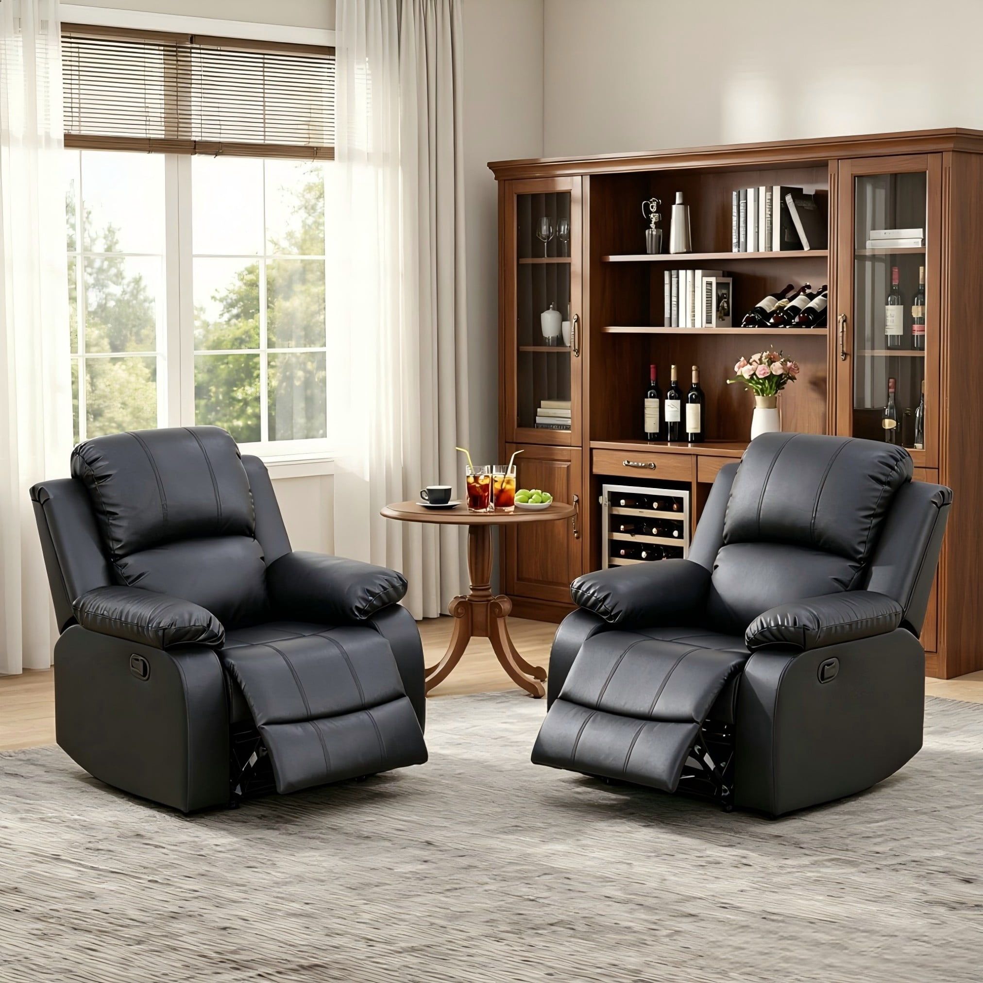 BSHTI PU Manual Recliner Chair Set of 2 – Single Sofa Recliners with Adjustable Backrest, High-Density Foam, Hardwood Frame – Comfort Lazy Chair for Living Room, Bedroom, Black