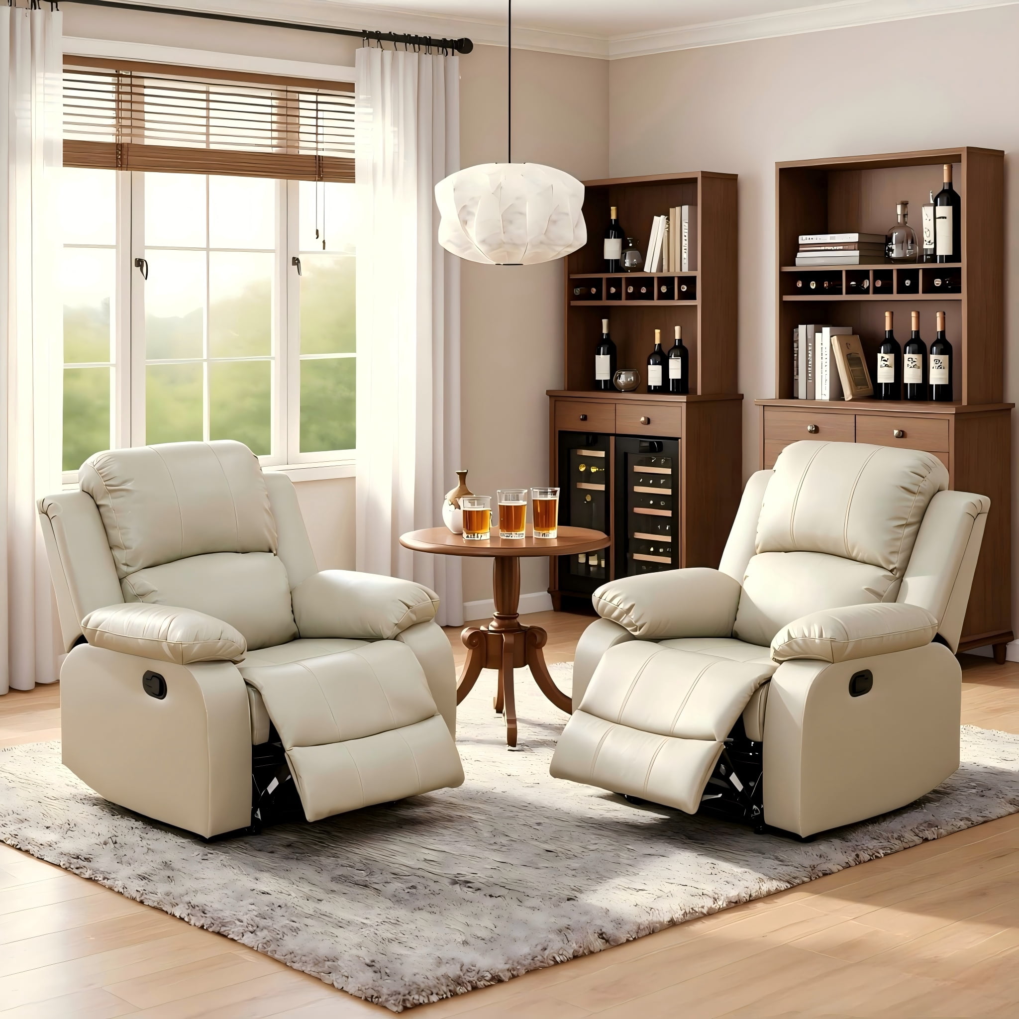 BSHTI PU Manual Recliner Chair Set of 2 – Single Sofa Recliners with Adjustable Backrest, High-Density Foam, Hardwood Frame – Comfort Lazy Chair for Living Room, Bedroom, Beige