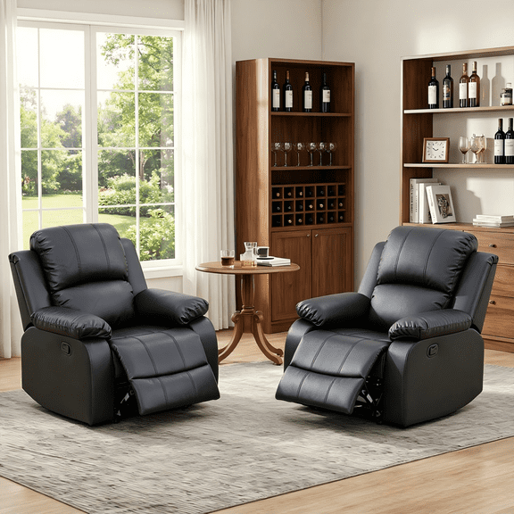 BSHTI PU Manual Recliner Chair Set of 2 – Single Sofa Recliners with Adjustable Backrest, High-Density Foam, Hardwood Frame – Comfort Lazy Chair for Living Room, Bedroom, Black