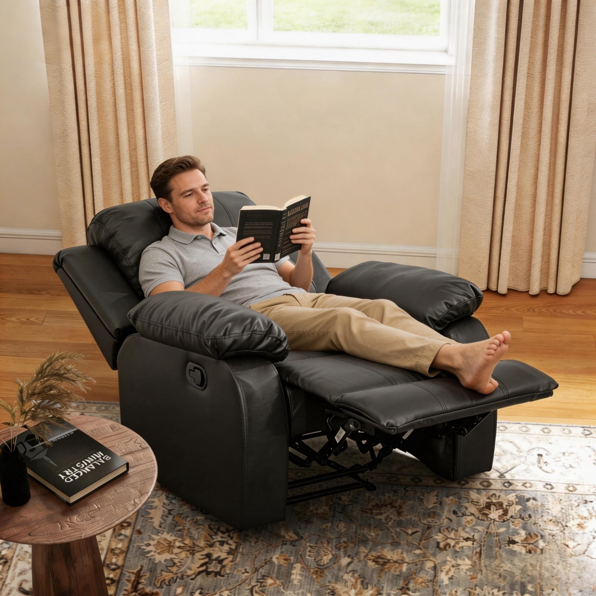 BSHTI PU Manual Recliner Chair – Single Sofa Recliner with Adjustable Backrest, High-Density Foam, Hardwood Frame, Comfort Lazy Chair for Living Room, Bedroom, Black