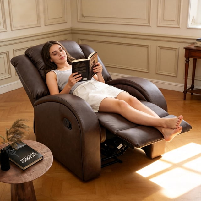 BSHTI PU Manual Recliner Chair – Single Sofa Recliner with Adjustable Backrest, High-Density Foam, Hardwood Frame, Comfort Lazy Chair for Living Room, Bedroom, Brown