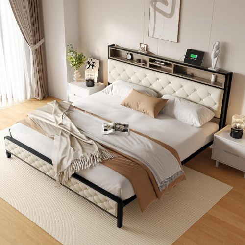 BSHTI Platform Modern King Size Platform Bed Frame with Upholstered Headboard and wood slats support for Livingroom