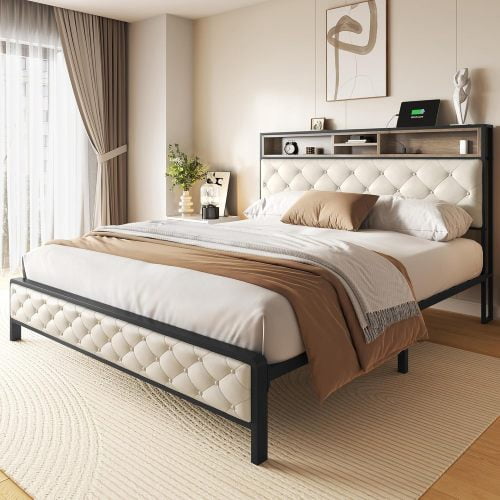 BSHTI Platform Modern Queen Size Platform Bed Frame with Upholstered Headboard and wood slats support for Livingroom
