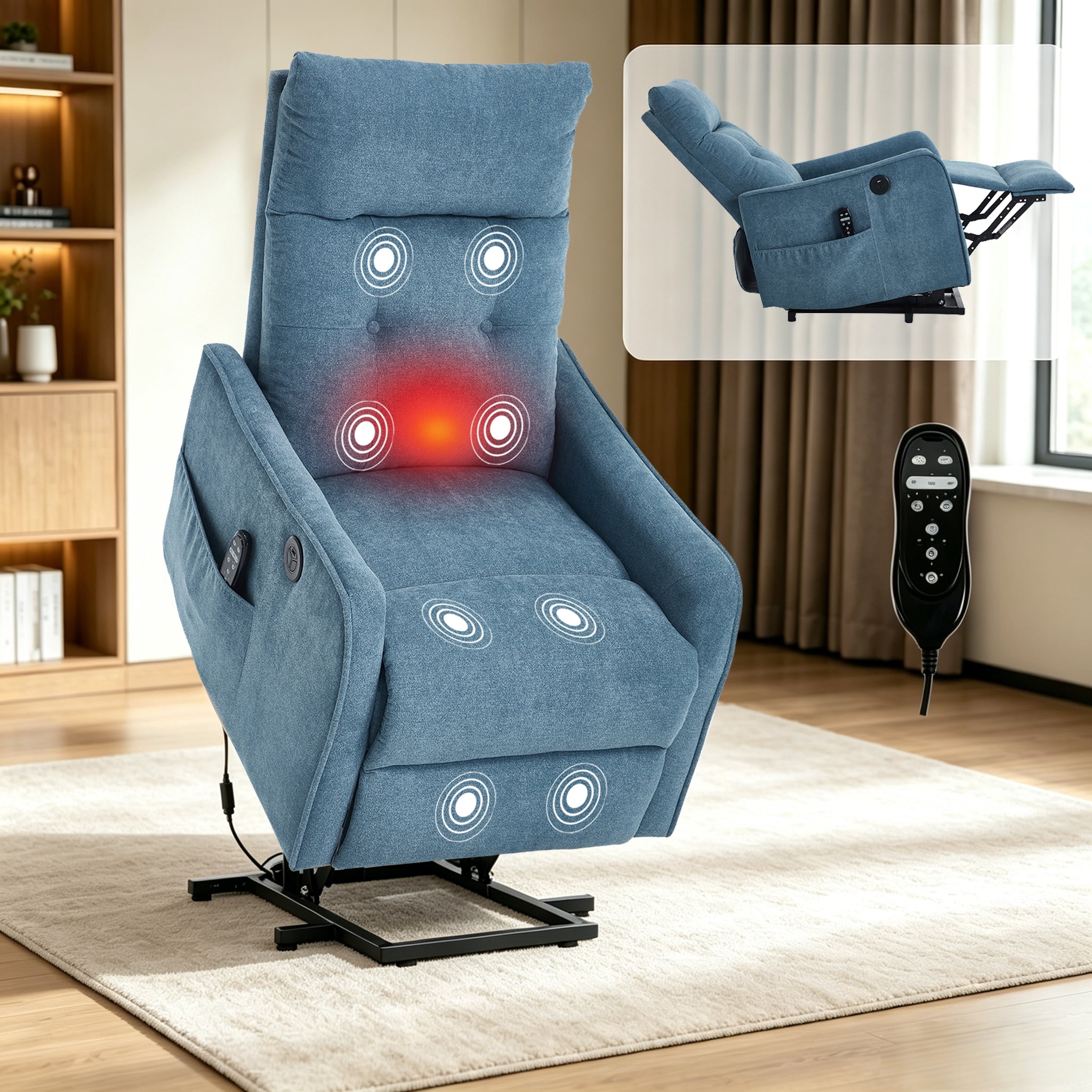 BSHTI Power Lift Recliner Chair with Massage and Heat, Single Motor 155° Recline, USB Charging Port, Chenille, Easy Assembly, Blue