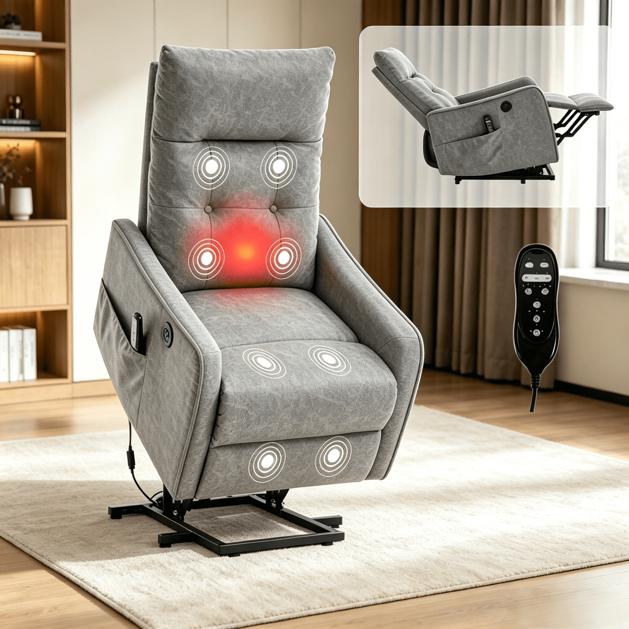 BSHTI Power Lift Recliner Chair with Massage and Heat, Single Motor 155° Recline, USB Charging Port, Chenille, Easy Assembly, Light Gray