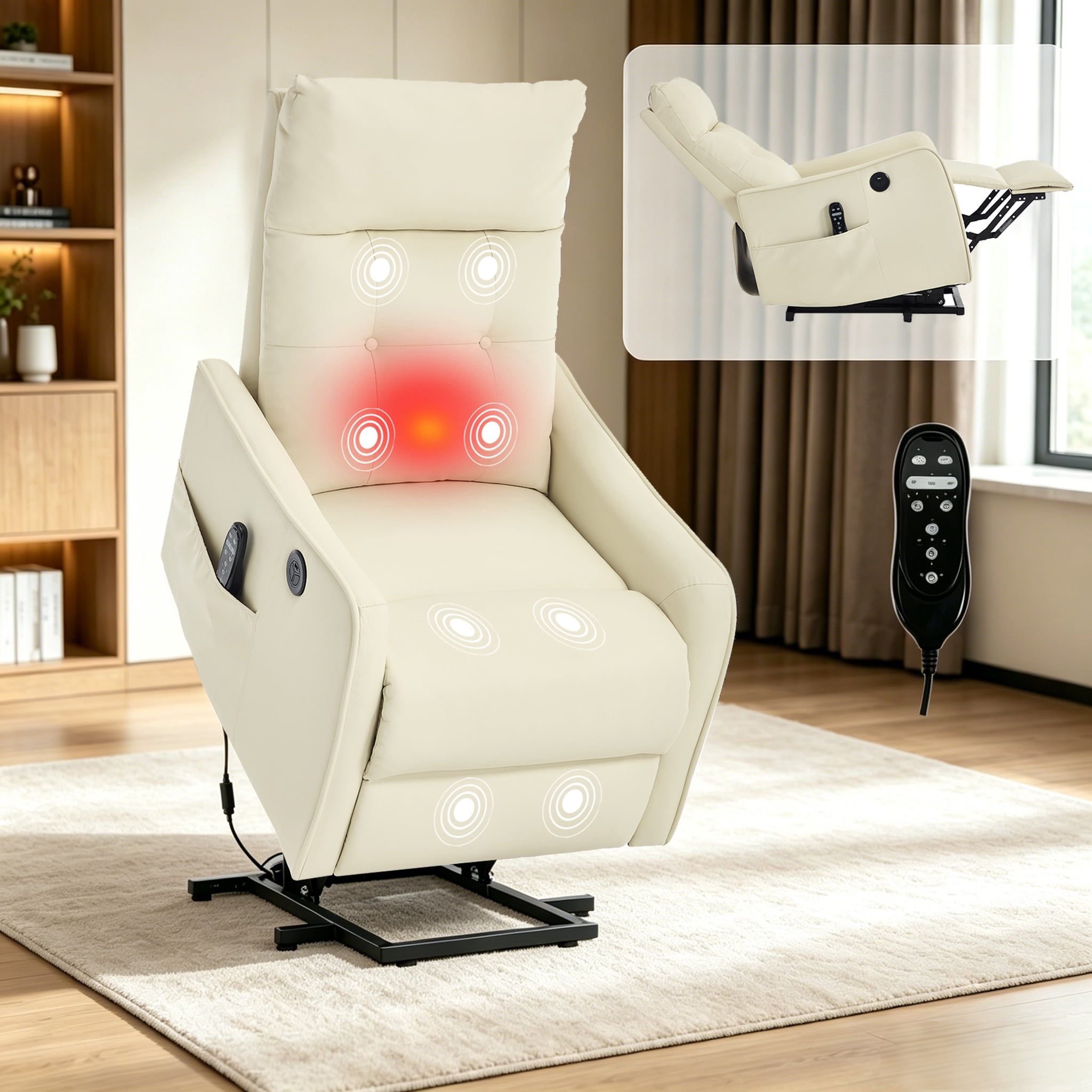 BSHTI Power Lift Recliner Chair with Massage and Heat, Single Motor 155° Recline, USB Charging Port, PU Leather, Easy Assembly, Beige