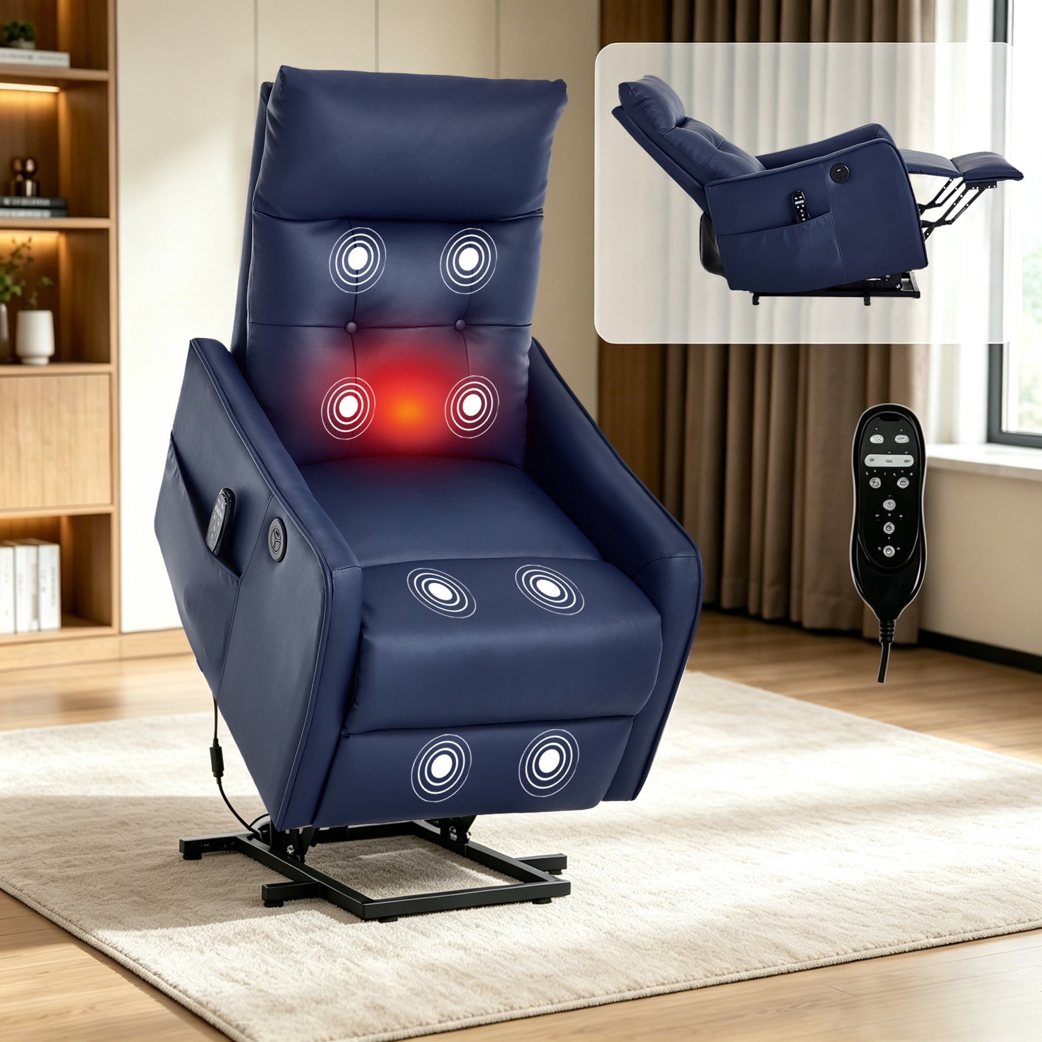 BSHTI Power Lift Recliner Chair with Massage and Heat, Single Motor 155° Recline, USB Charging Port, PU Leather, Easy Assembly, Blue