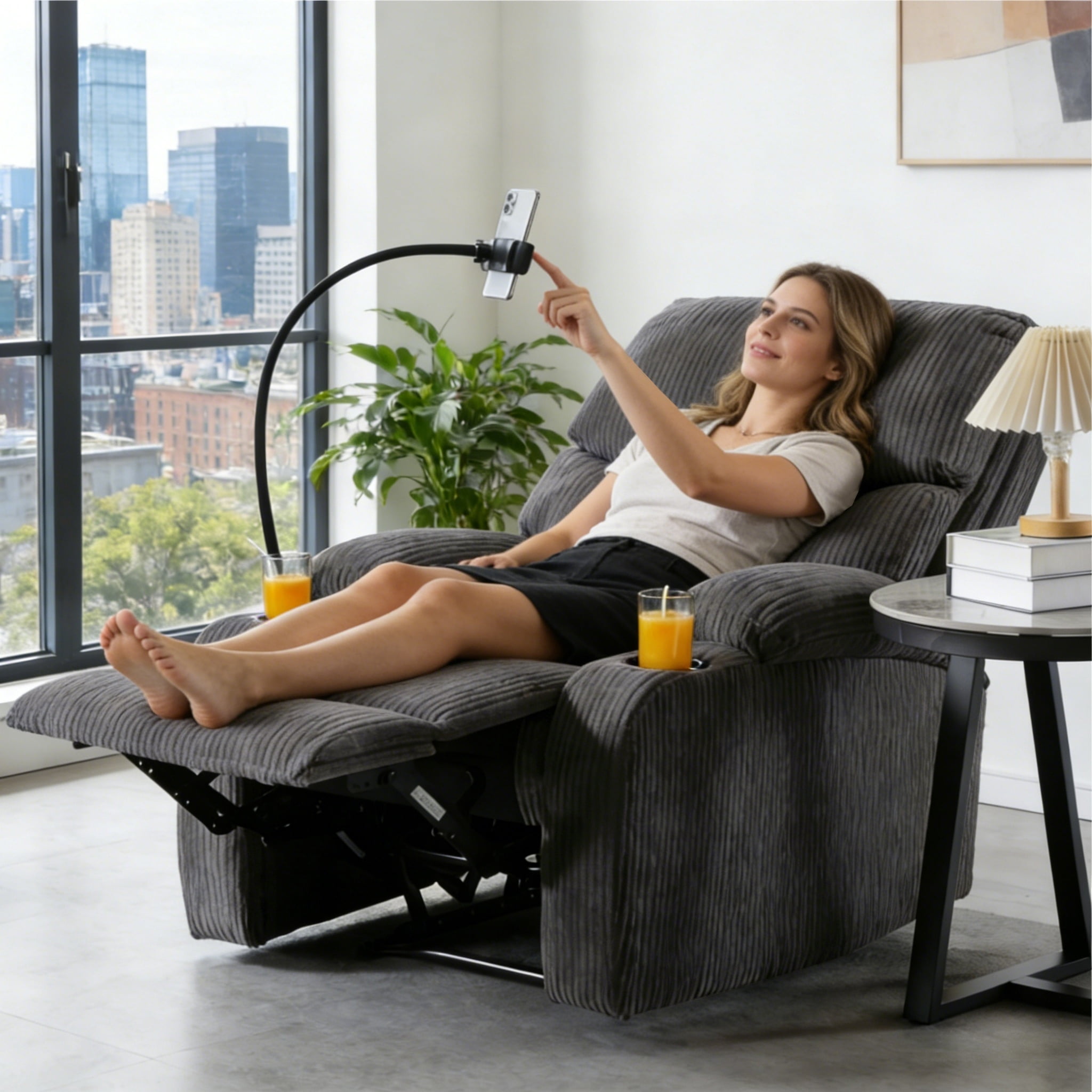 BSHTI Manual Recliner Chair with Phone Holder & Cup Holders, Corduroy Upholstery, Ergonomic Backrest, Solid Wood Frame for Living Room & Bedroom(Dark Gray)