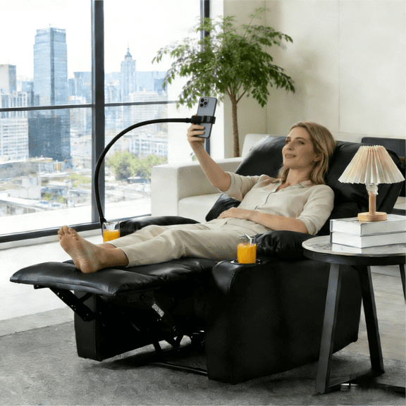 BSHTI Manual Recliner Chair with Phone Holder & Cup Holders, PU Upholstery, Ergonomic Backrest, Solid Wood Frame for Living Room & Bedroom(Black)