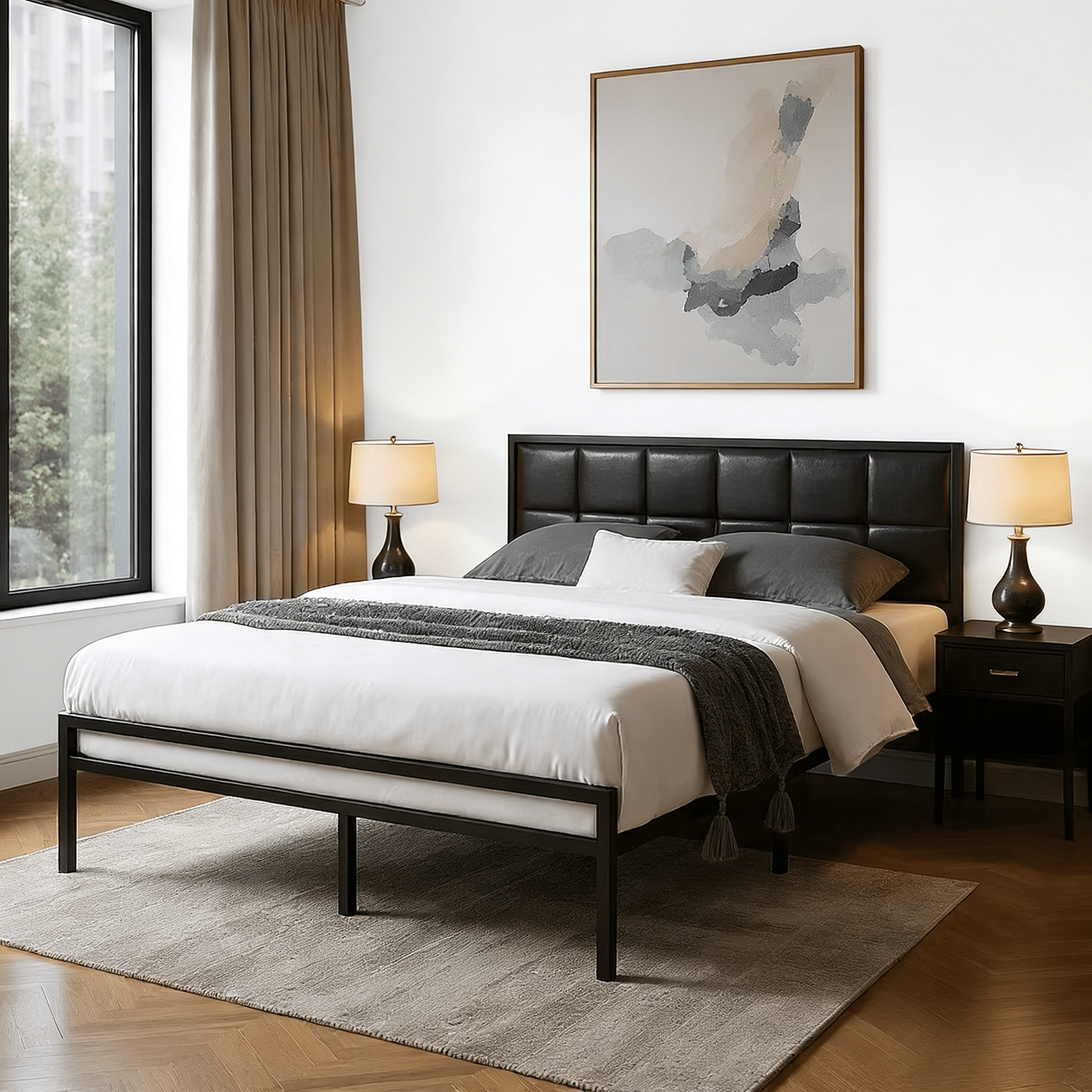 BSHTI QUEEN Size Platform Bed Frame, with Upholstered Headboard, Adjustable Headboard, Faux Leather Upholstery, and Center Support Leg, Easy Assembly Black