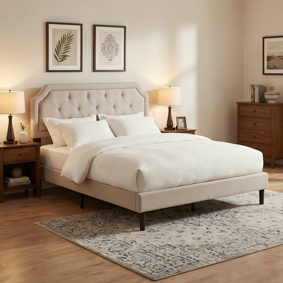 BSHTI King Size Platform Bed Frame with Adjustable Upholstered Headboard – Solid Wood Frame, 12 Wood Slats, Center Support Leg, No Box Spring Needed,Beige