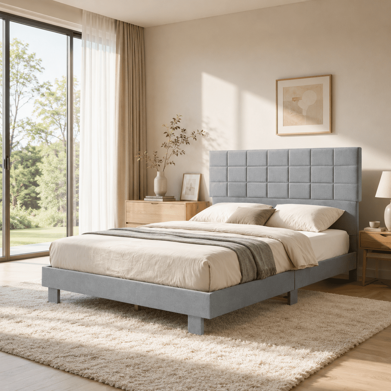 BSHTI Queen Bed Frame with Adjustable Headboard, Linen Upholstered Platform Bed Frame with Wooden Slats Support, No Box Spring Needed for Bedroom, Guest Room, Apartment, Light Grey