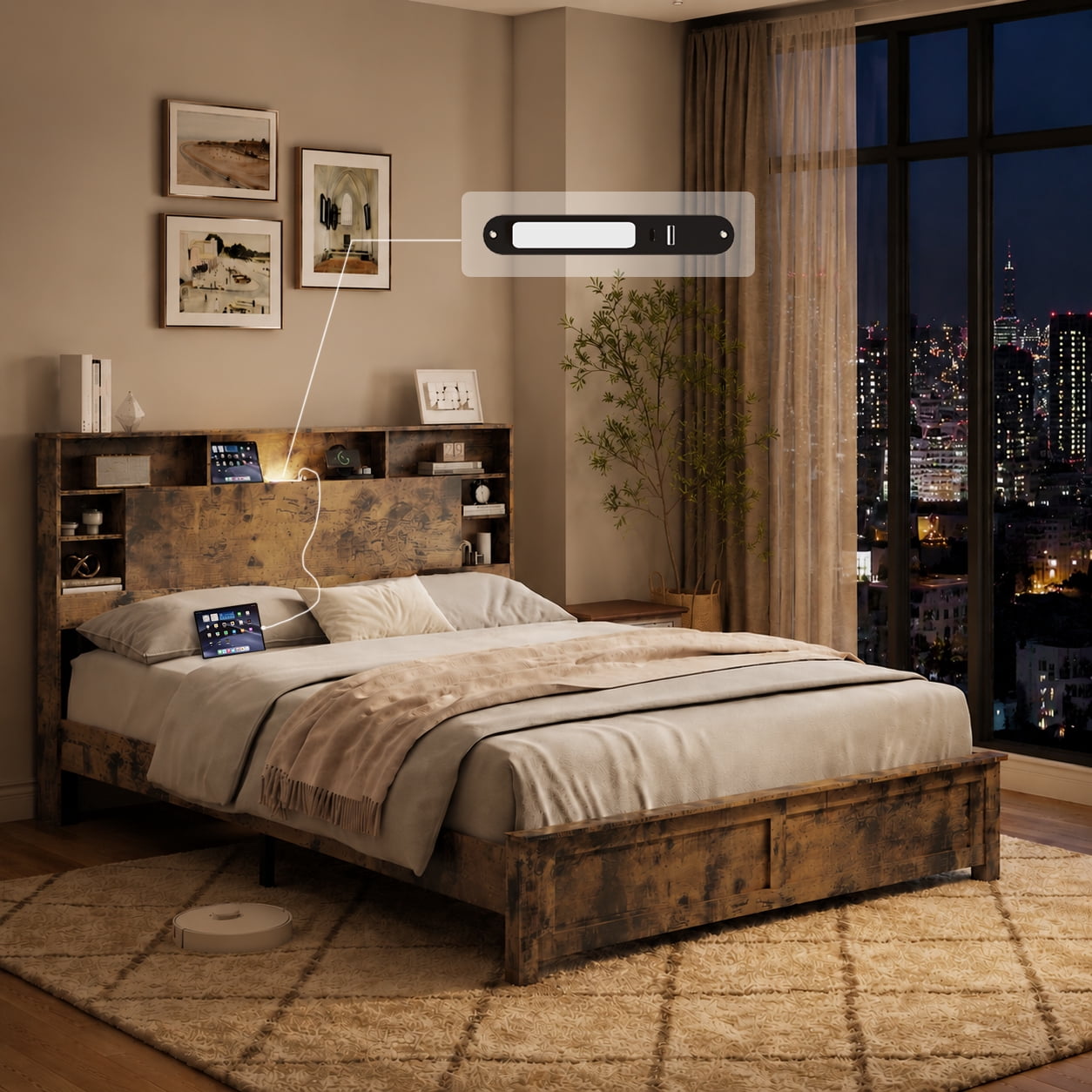 BSHTI Queen Wood Platform Bed Frame with Storage Headboard, LED Lights, USB Charging, No Box Spring Needed for Bedroom（Dark Brown）