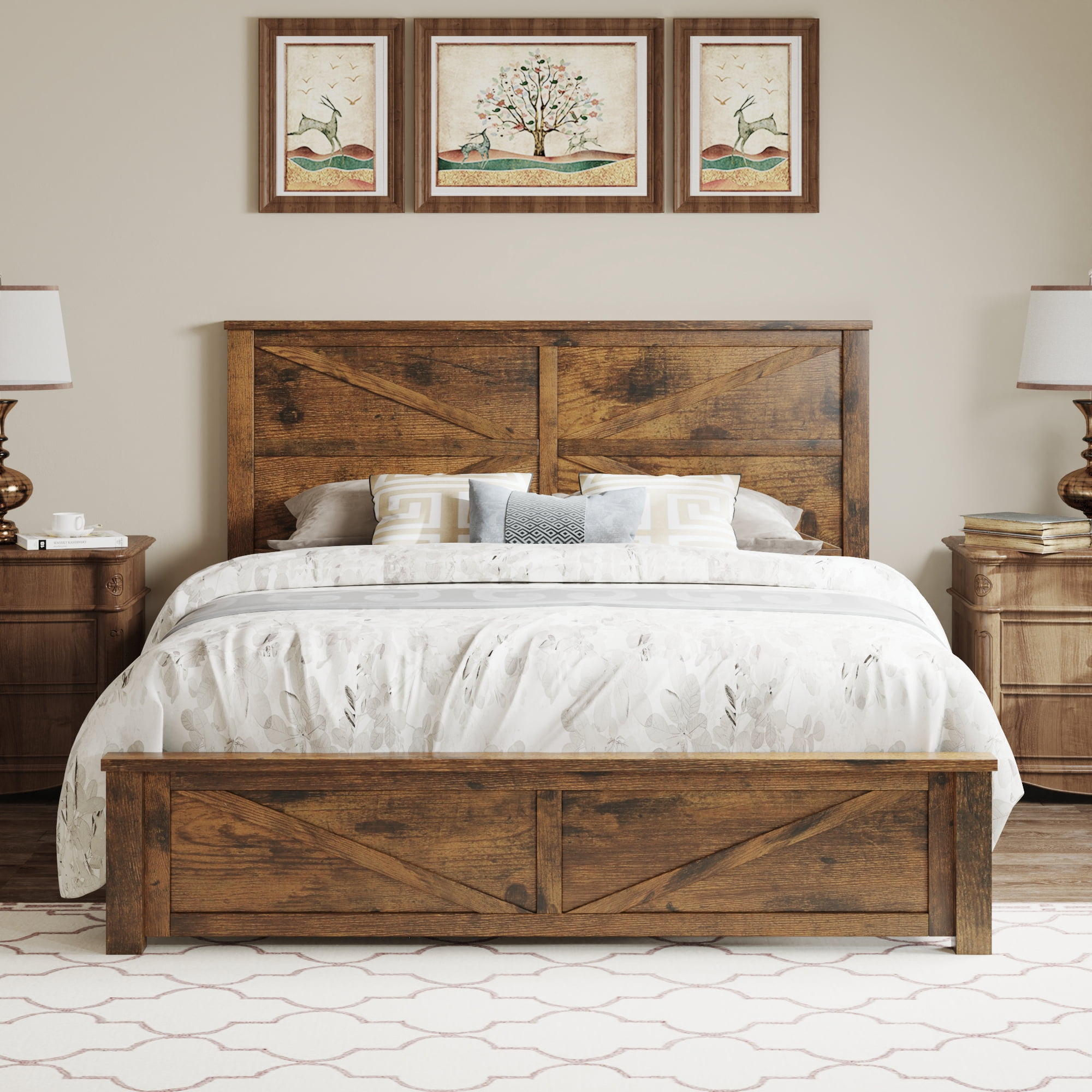 BSHTI Queen Bed Frame with Wooden Headboard, Country and Farmhouse Style, Brown